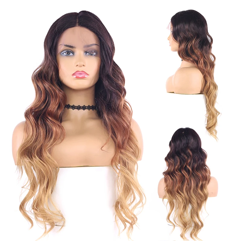 

Long Part 26 Inch Long Curly Ombre Blonde colored Wig With Dark Roots Wavy hair wigs Synthetic Wig Lace Front, Pink