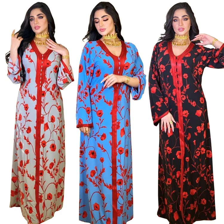 

UAE Saudi Arabia Red Flower Printing Muslim Long Robe Abaya Kaftan Dress Jalabiya