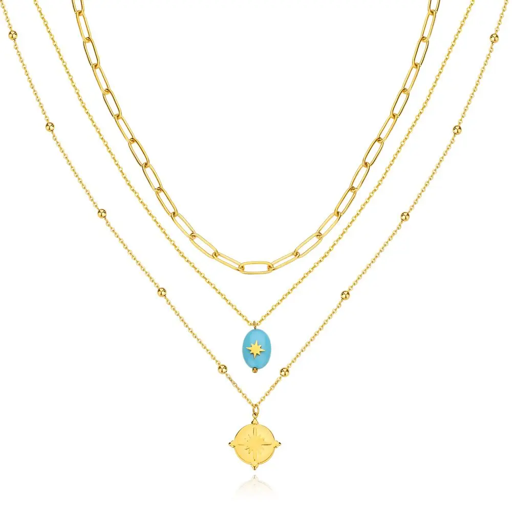 

stainless steel fancy turquoise stone north star compass pendant multi layers link chain necklace for woman