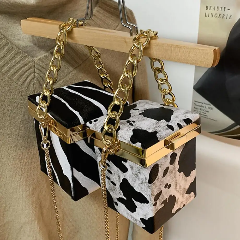 

High Quality PU Leather Mini Animal Cow Pattern Box Tote Bag Chain Shoulder Messenger Bag Womens Trendy Handbag