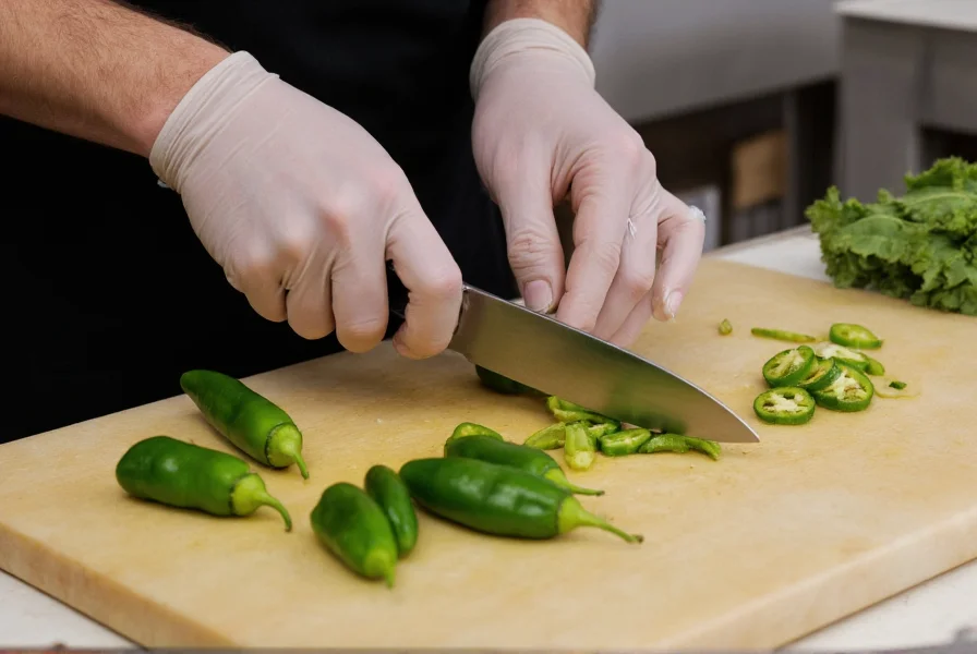 Chef wearing nitrile gloves carefully slicing ghost peppers on a dedicated cutting board with ventilation