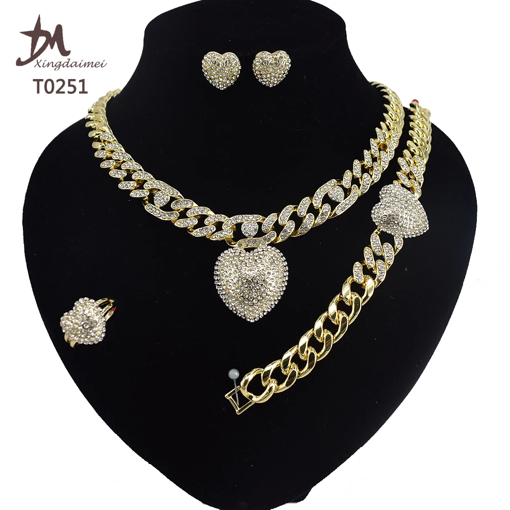 

T0251 Miami style hip hop Cuban chain jewelry set big heart jewelry set gold plating jewelry, 18k gold