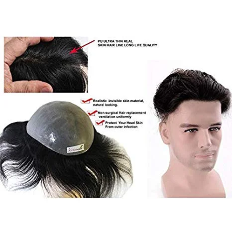 

R04 human hair replacement system hair toupee for men hair loss treatment pu base hair toupee