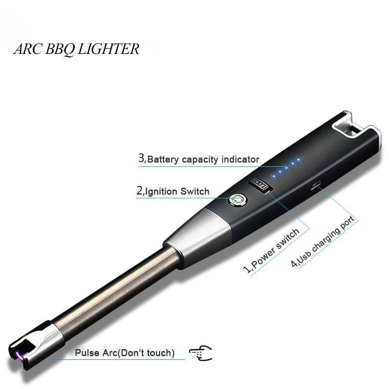 Electric Long Arc USB Rechargeable Lighter with LED Indicator and Safety Switch