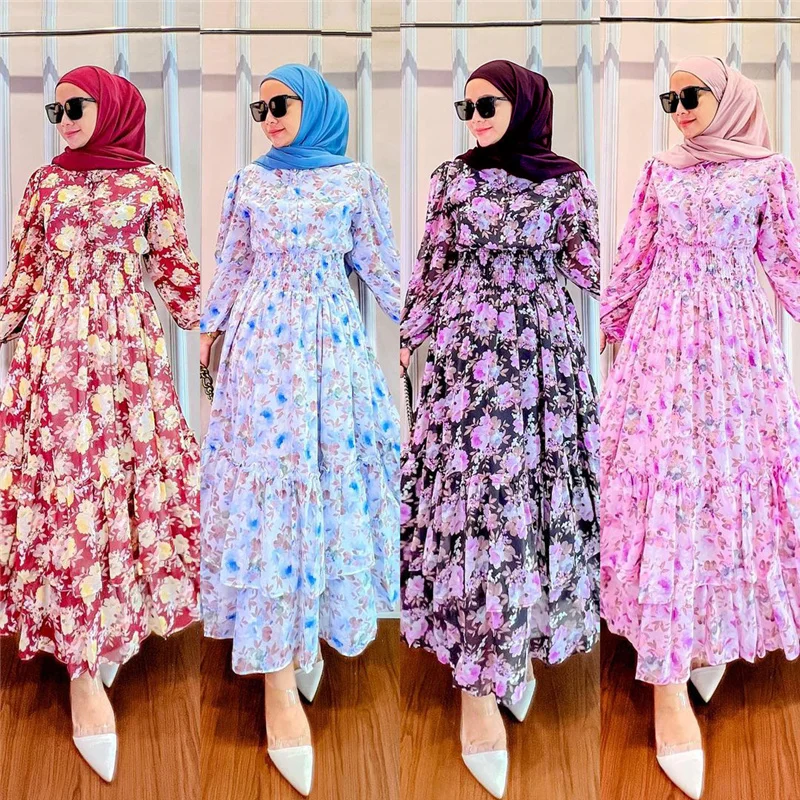 

Muslim Ladies Floral Printed Long Sleeves Chiffon Abaya Modest Dress Middle East Women Clothing Southeast Asia Dresses