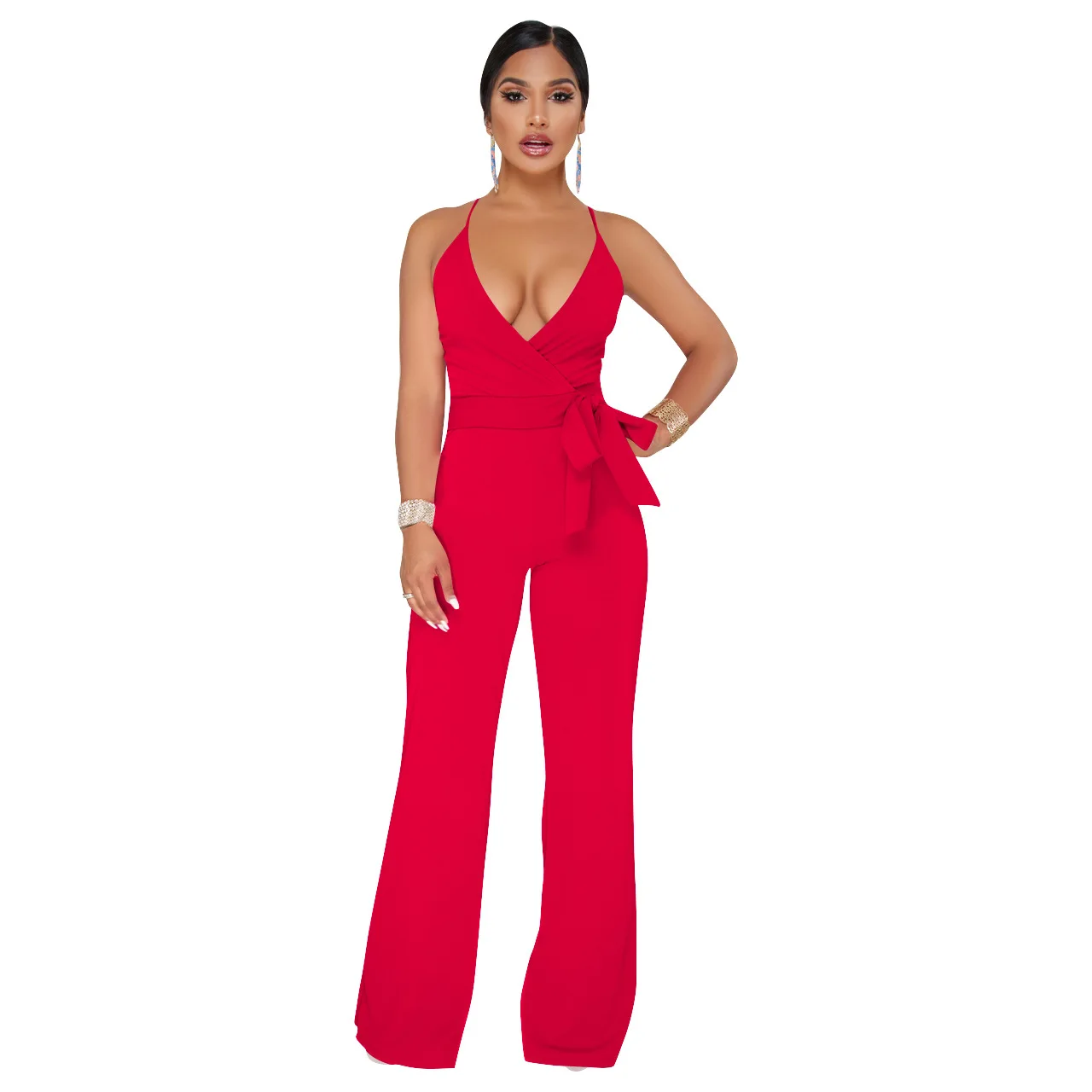 

Sexy Deep V-Collar Spaghetti Backless Long Jumpsuit Solid Color V-Neck Jumpsuit women's clothing girl cute, Customized color