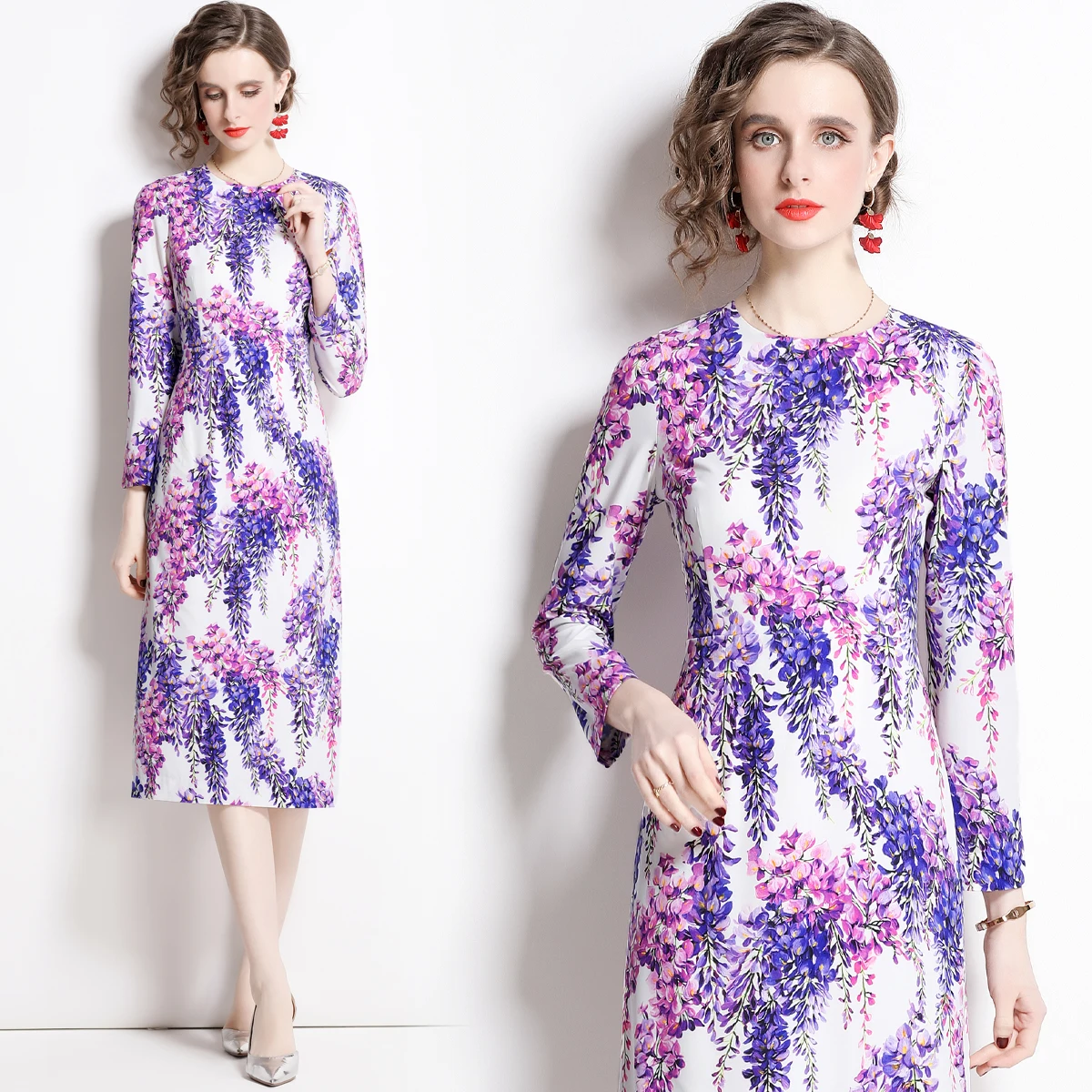 

Purple Floral Print Long Sleeve Dress with Lining for Women