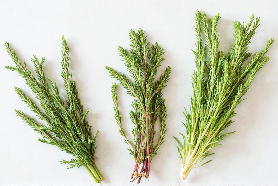 A colorful assortment of fresh and dried herbs on a wooden table