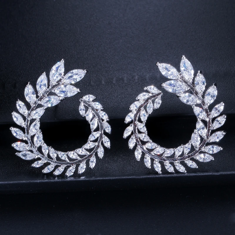 Sparkly White Olive Branch Leaf Shape Marquise Cut Big Cubic Zirconia Paved Stud Earring for Women Fashion Brand Wedding Jewelry