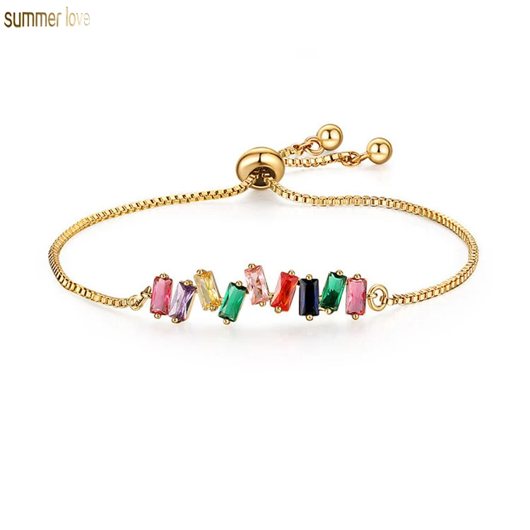 

Rainbow Bar Crystal Geometric Zircon Diamond  Gold Chain Tennis Charm Bangle Bracelets Jewelry, Colorful