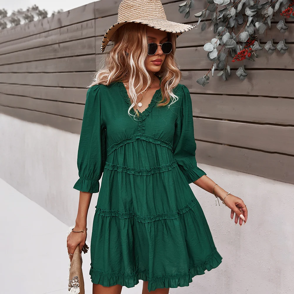 

2021 New Arrivals Dresses Lady Elegant Sexy Ruffle V neck Puff Sleeve A-lined Dress Womens Casual Streetwear Spring Dress Tops