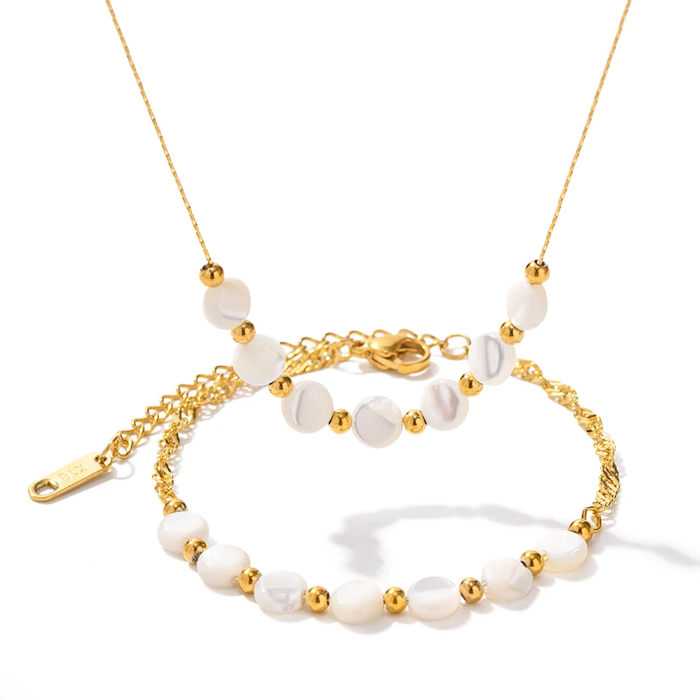

New Arrival Jewelry 18K Gold Plated Stainless Steel Shell Beads Necklace and Bracelet set for Girls
