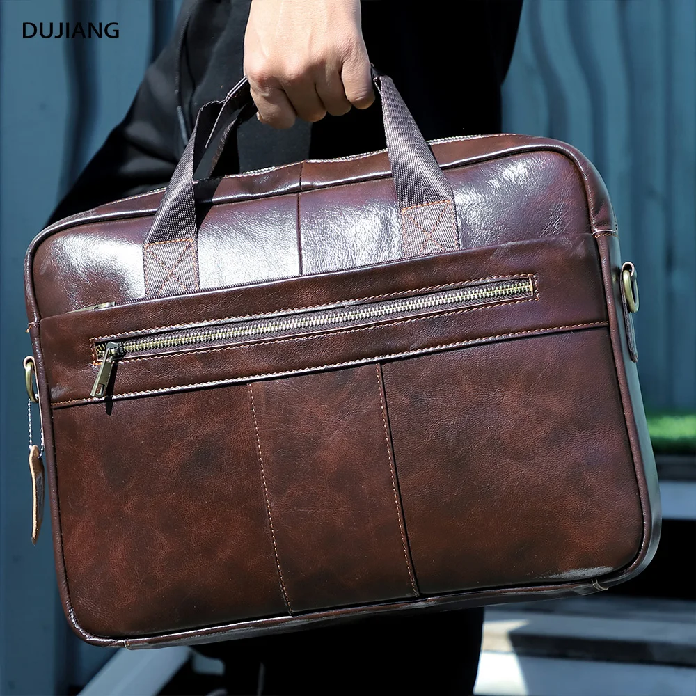 

Cowhide Business Office Handbags Shoulder Bag Genuine Leather Bags Men Briefcases For Man 15.6 Inch Laptop, Coffee