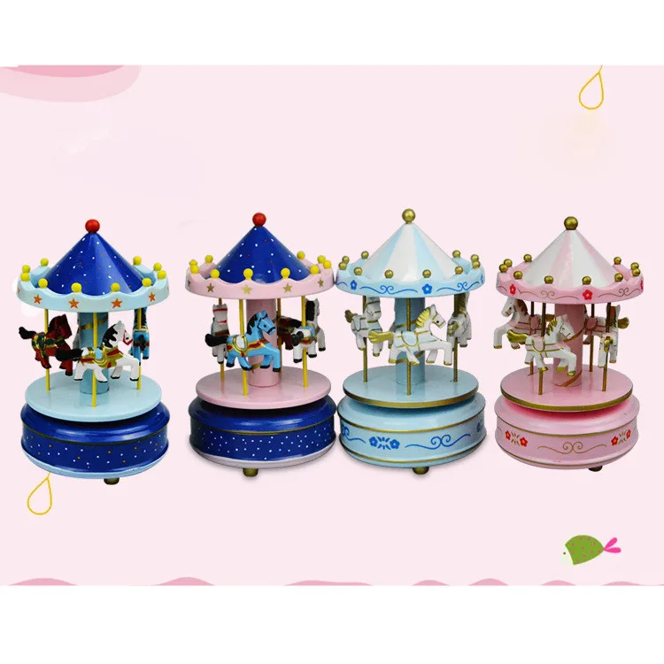 Image of small wooden cranked carousel horse clockwork piano music box gifts crafts toy