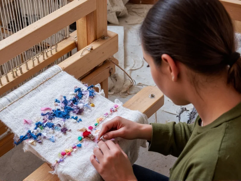 Textile artist embroidering with fabric scraps on traditional loom