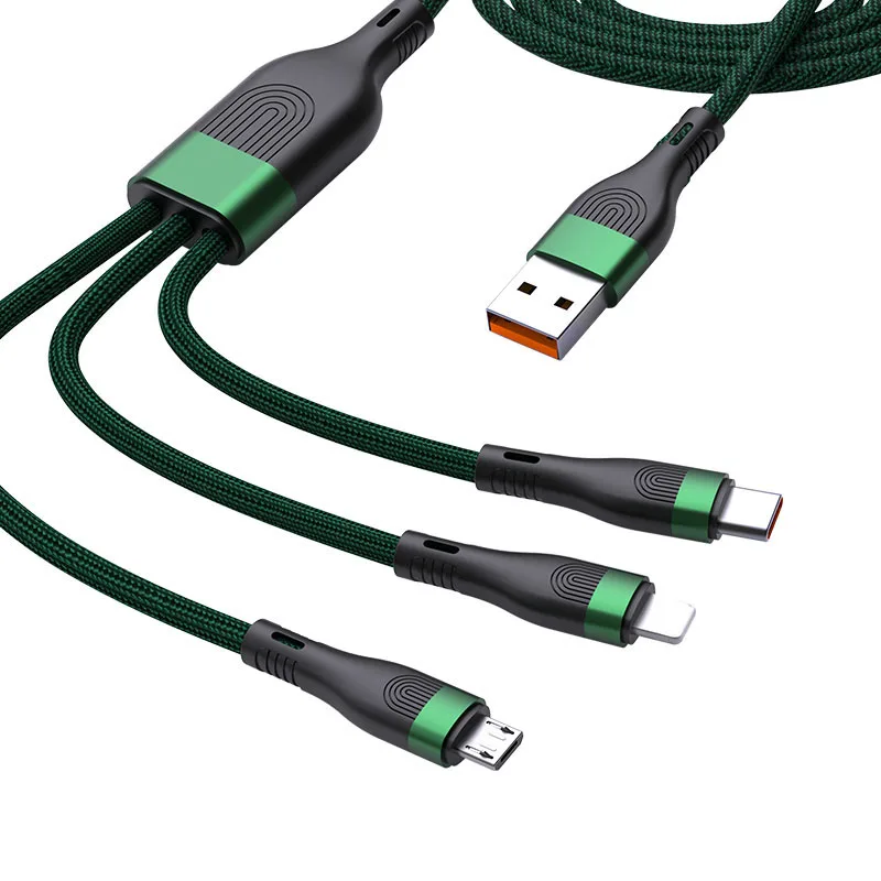 

Factory price 2m Fast charge 3 In 1 Nylon Braided 6a Usb 66W PD data cable for IPhoe7/8Plus/11pro Huawei,Xiaomi/Samsung, Black gold/dark green/orange red