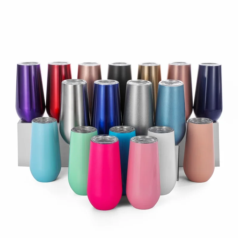 

Wholesale Wine Mug 6oz Wine Tumbler Fluted Cup Stainless Steel 6oz Champagne Stemless Wine Glass with Lid Double-insulated, Multi colors