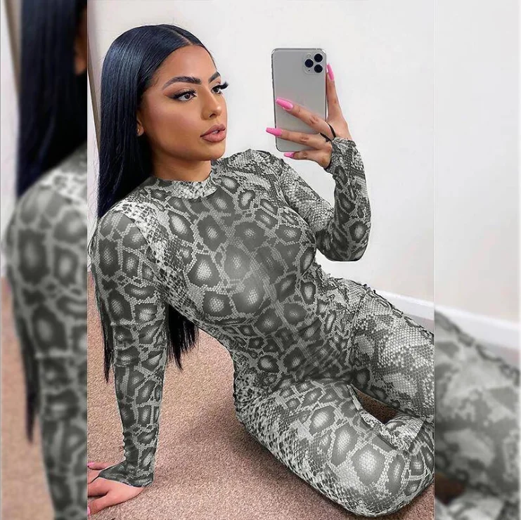 

Women Fashion Clothing Pattern Long Sleeve leopard print Women Bodycon Jumpsuit Rompers Club wear party