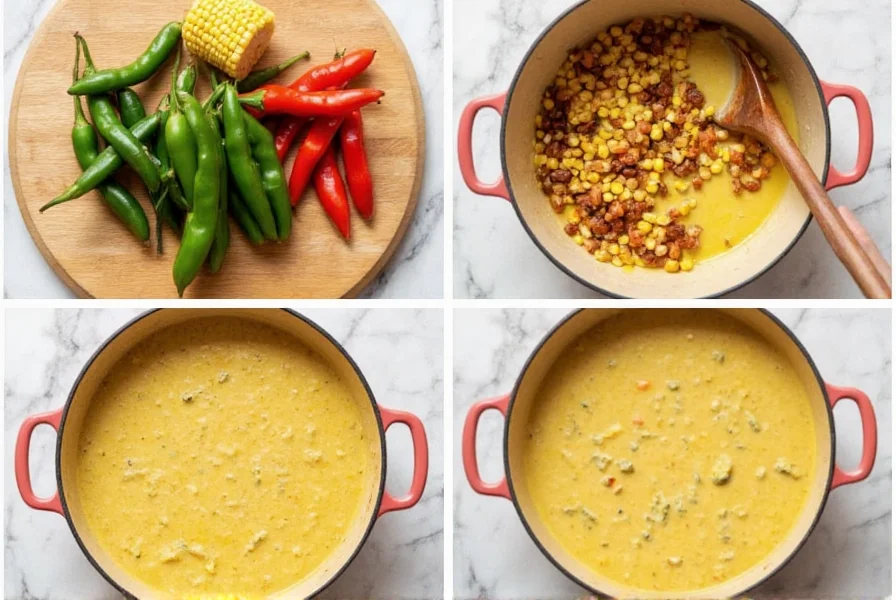 Step-by-step preparation of poblano pepper corn chowder showing roasted peppers, fresh corn, and creamy finished soup in cast iron pot