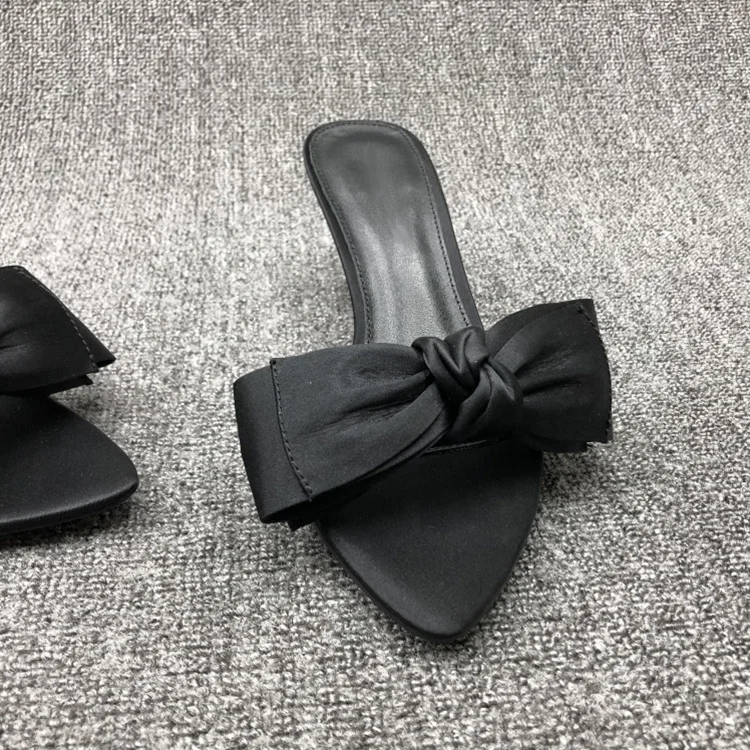 

2020 luxurious silk bow and Kitten heel factory wholesale open toe slide sandals for women, Customized color