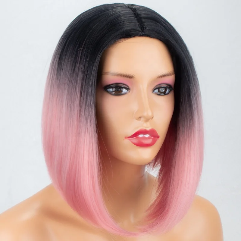 

Aliblisswig Short Straight Bob Synthetic Wig Dark Root Ombre Pink Heat Resistant Fiber Glueless None Lace Synthetic Hair Wigs, Dark root 2 tone ombre pink synthetic wigs