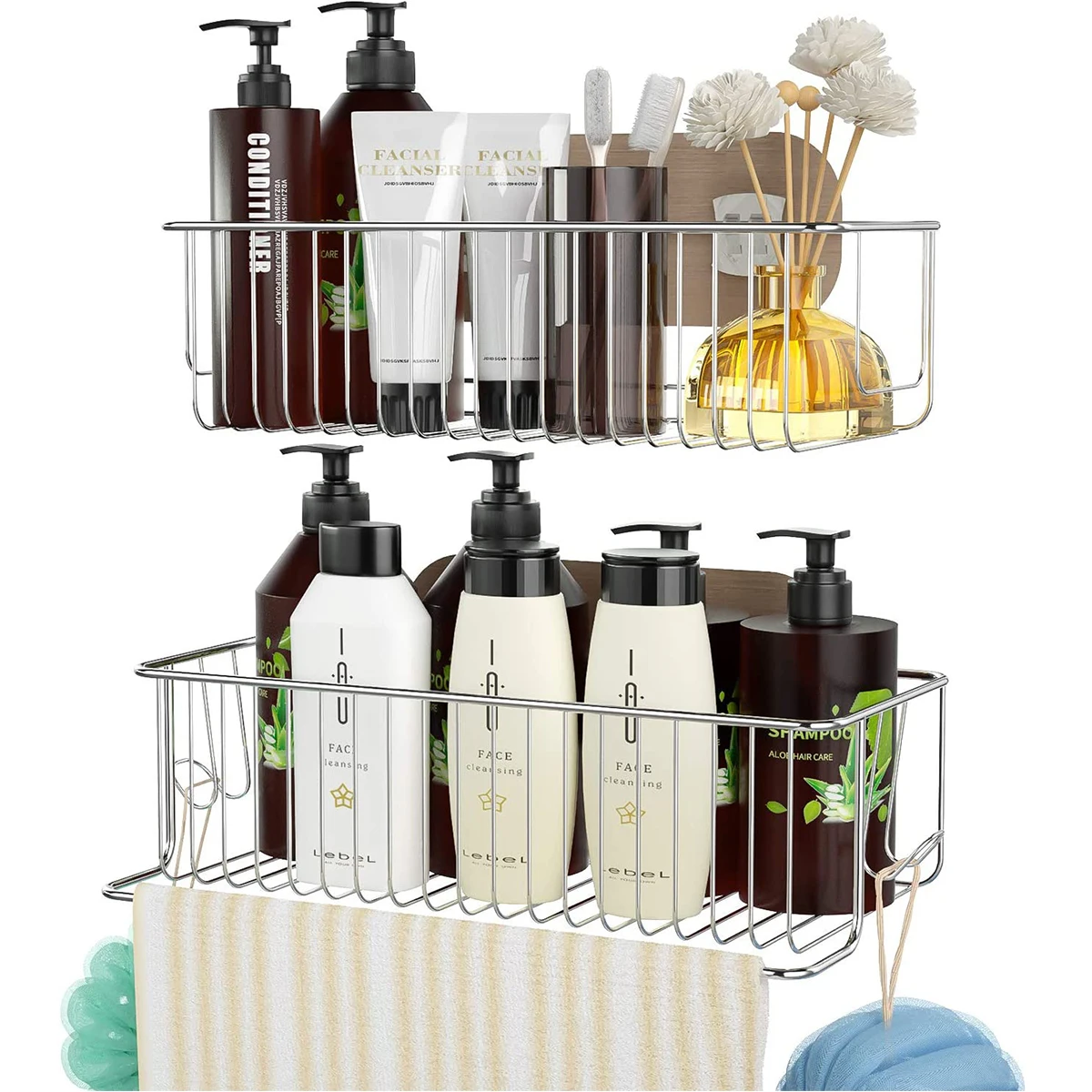 

ORR157 Shower Organizer Shelf Bathroom Shower Caddy with Towel Bar & Hooks, Wall Mounted Shower Rack, Silver