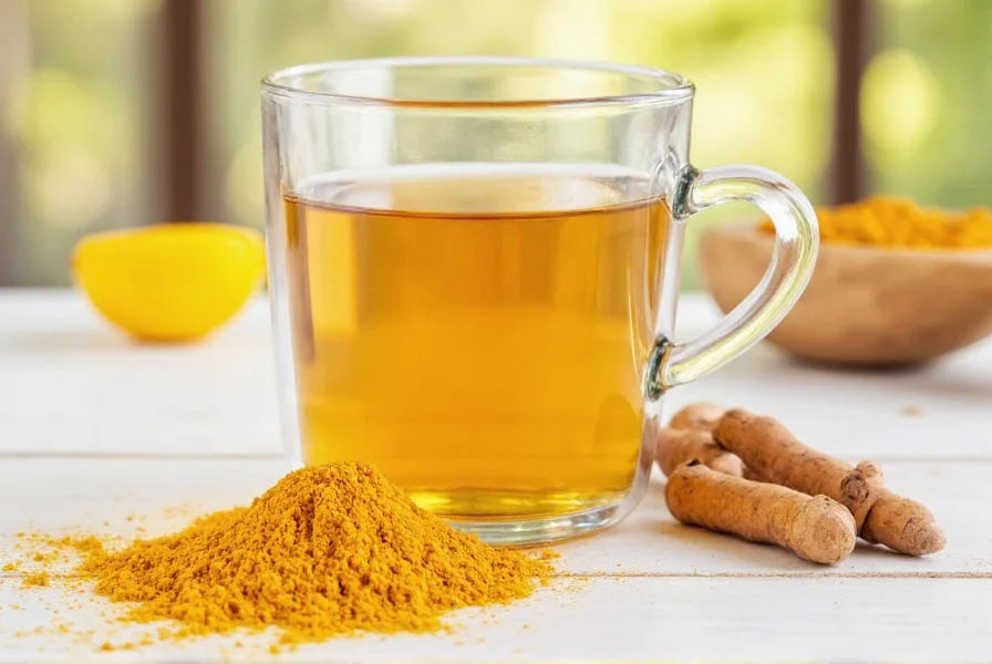 Golden turmeric tea in a white ceramic mug with lemon slice