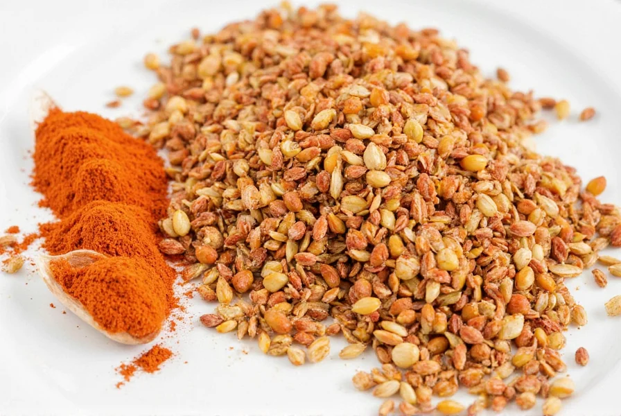 Close-up of pimento spice jar with a hand holding a wooden spoon