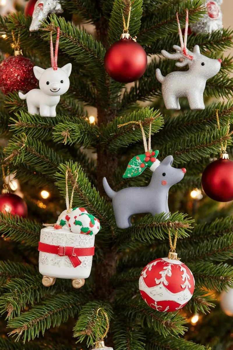 A brightly colored plastic parrot perched on a branch-shaped ornament base with metallic gold leaves.