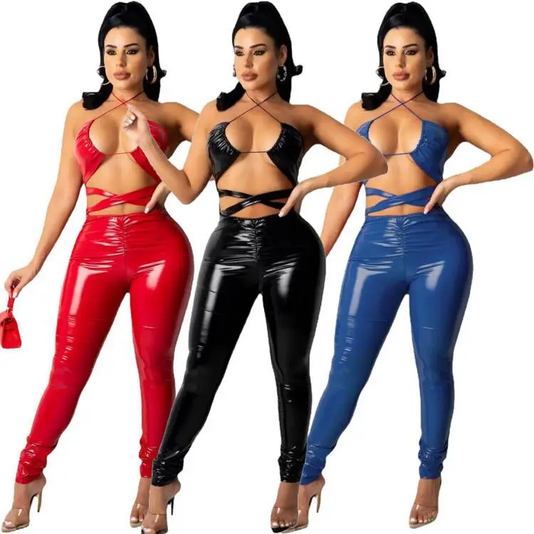 

2021 Fall Women Clothing Fashion Casual Pu Leather Shiny Sleeveless Backless Sexy Bodycon Jumpsuits Women