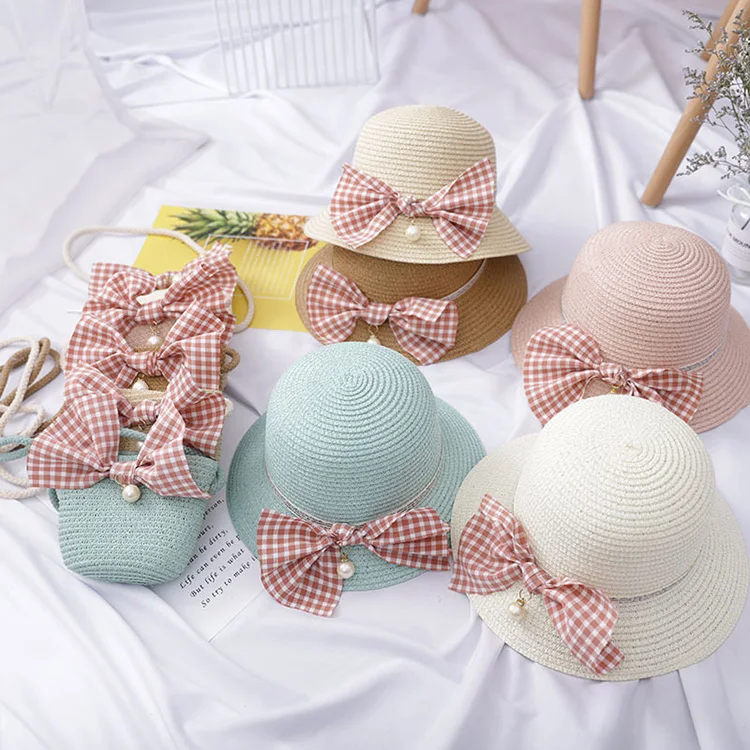 

Summer 2021 Beach Mini Girls Kids Purses And Hat Sets Straw Purse, As per picture