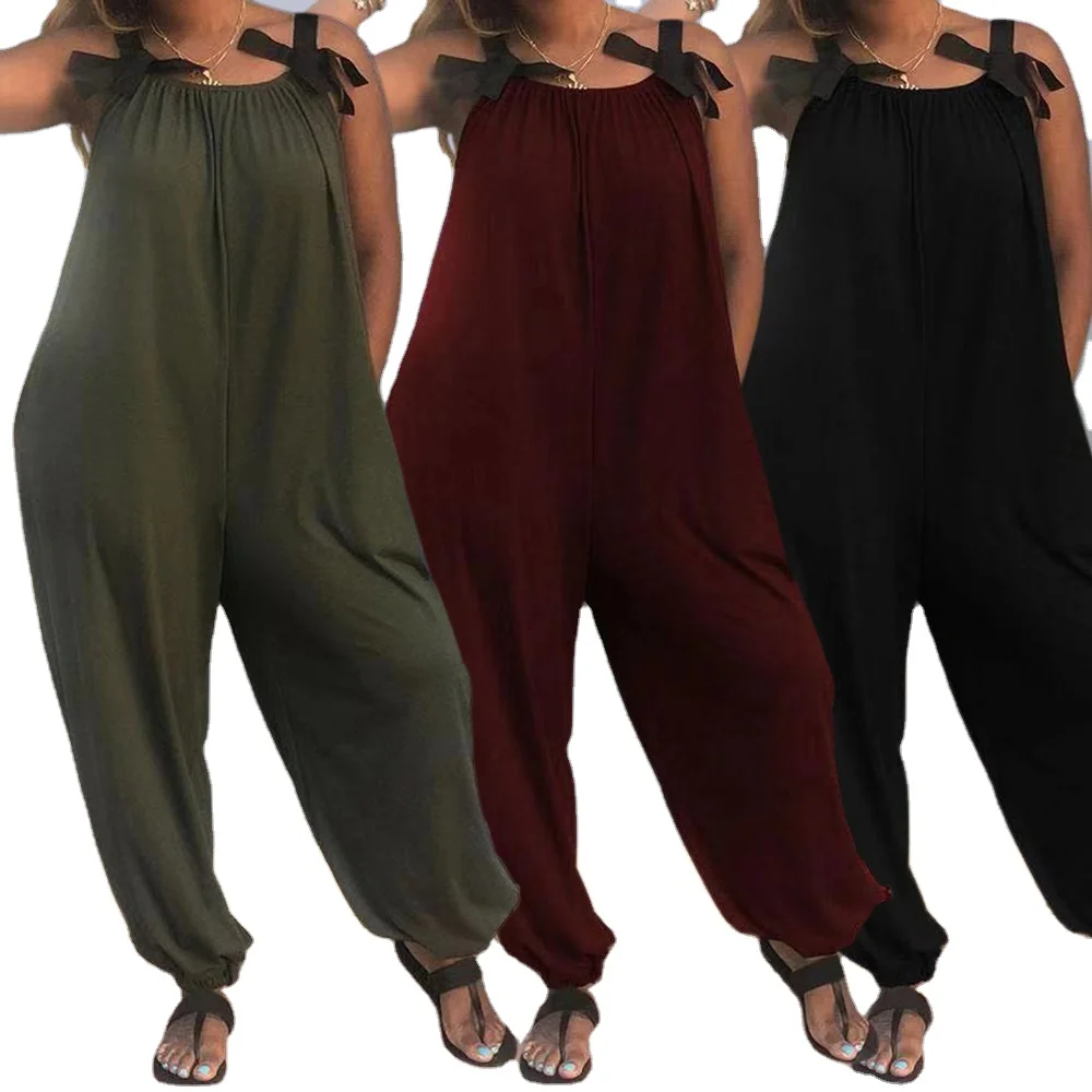 

2021New Arrival Fashion Solid color loose jumpsuit casual fashion bow straps halter jumpsuit women's trousers pants, Red, green, black, blue, burgundy, army green