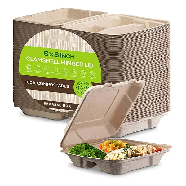 

biodegradable 8"3 compartment Shallow Clamshell sugarcane bagasse food box to go lunch packaging