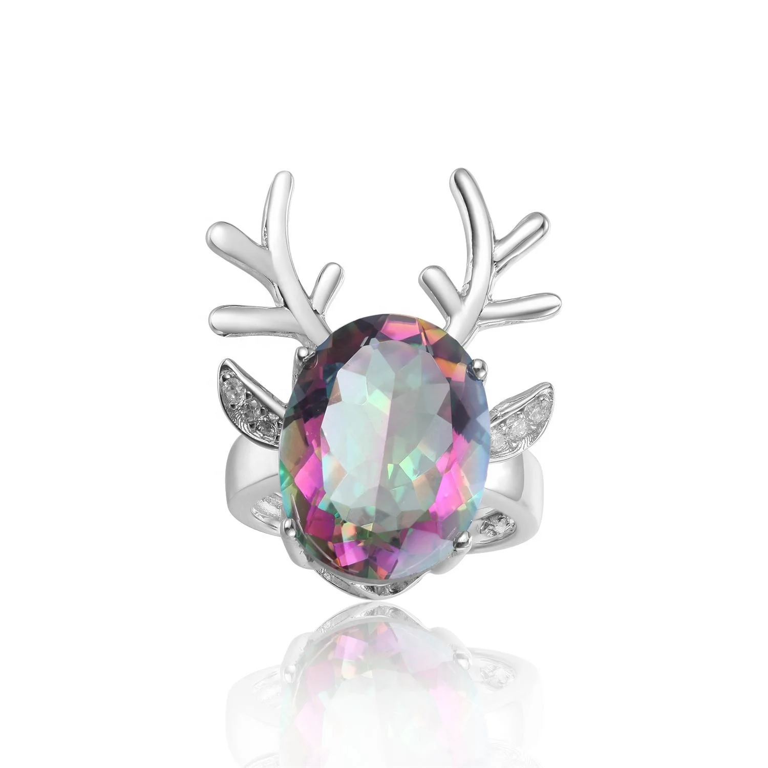 

C2814R Abiding Cute Trendy Oval Mystic Quartz Rainbow Color Gemstone 925 Sterling Silver Deer Antlers Ring