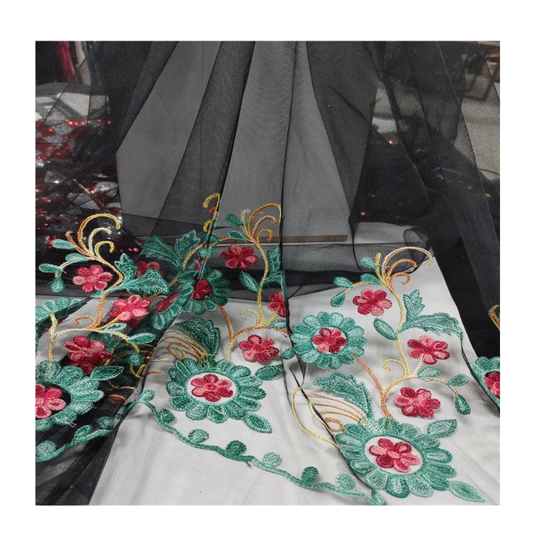 

New black unilateral net fabric embroidered dress embroidery lace embroidered tulle lace fabric for women, Accept customized color