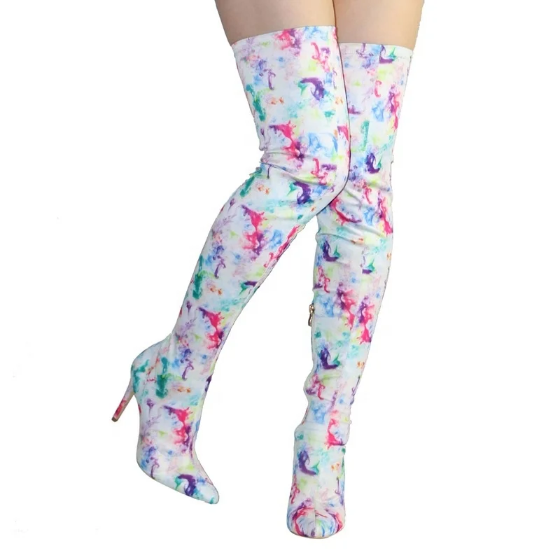 

Personalized Graffiti Cotton Fabric Over the Knee Boots Stiletto Heel Pointy Toe Distracting You Thigh High Boots Colorful, White,black