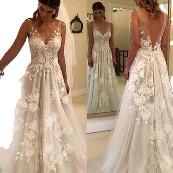 

Boho deep v neck Wedding Dress A Line Floral Lace Appliques Illusion Low Back Fairy Bridal Gown 2022 vestidos de novia