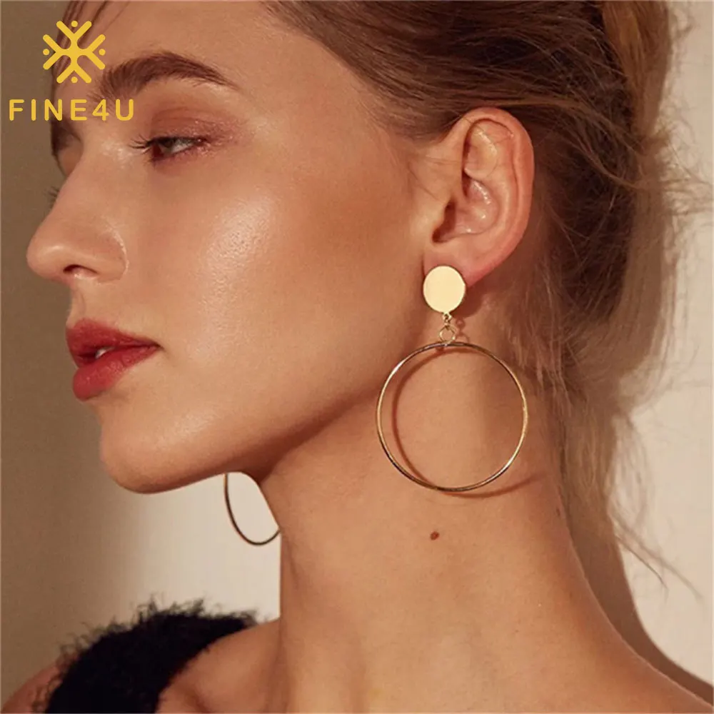 

Minilmalist Fashion Trendy Women Jewelry Gold Plated Round Oversized Big Stainless Steel Drop Earrings