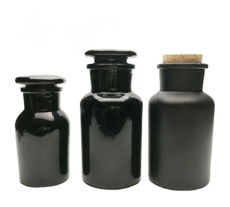 

Cheap Price 30ml 60ml 125ml 250ml 500ml 1000ml Matte Black Apothecary Jars with Wooden/Glass Stopper