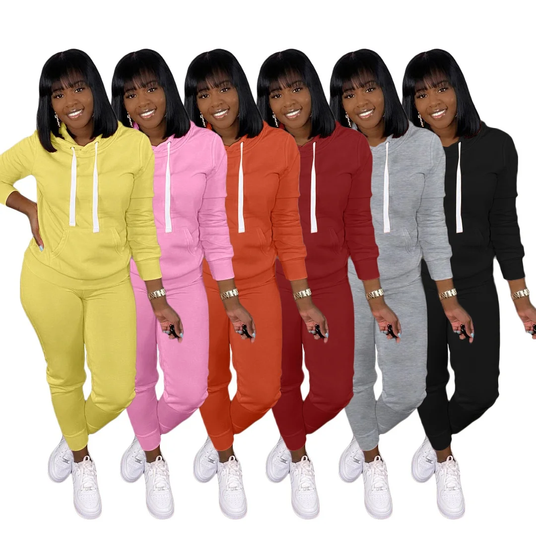 

B63368A Europe and the United States new women's clothing hot selling pure color fashion leisure sports two-piece set, Pink/black/gray/yellow/orange/red