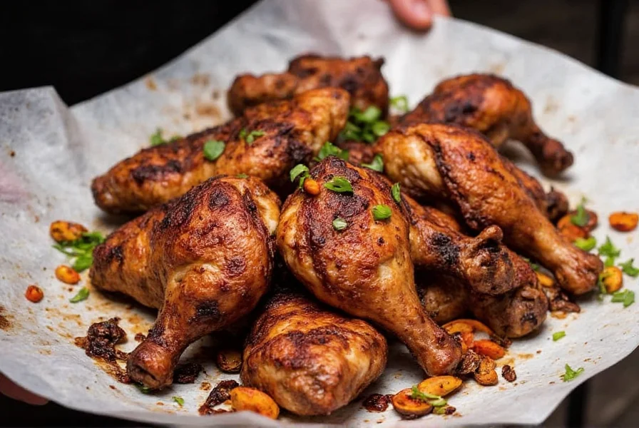 Perfectly blackened chicken breast with charred spice crust in cast iron skillet