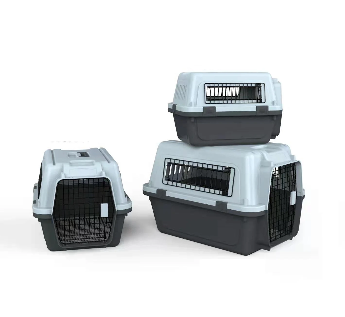 

Plastic Kennels Rolling Plastic Wire Door Travel Dog Crate- Large Kennel Gray