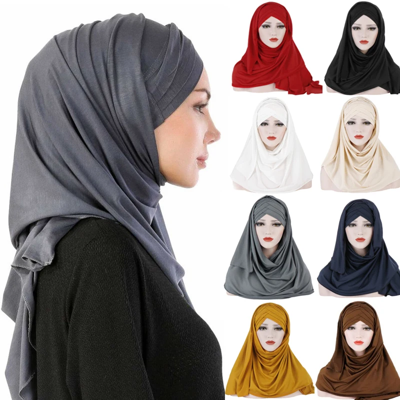 

Fashionable Monochrome Scarf Hat Hijabs Two-piece Suit Malaysian Muslim Ladies Patch Hijab Skin-friendly Fabric Hijabs