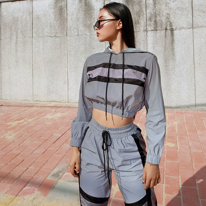 

Trending products 2021 new arrivals personalized reflective stitching hooded long-sleeved spring sports suit two piece pants set, Show