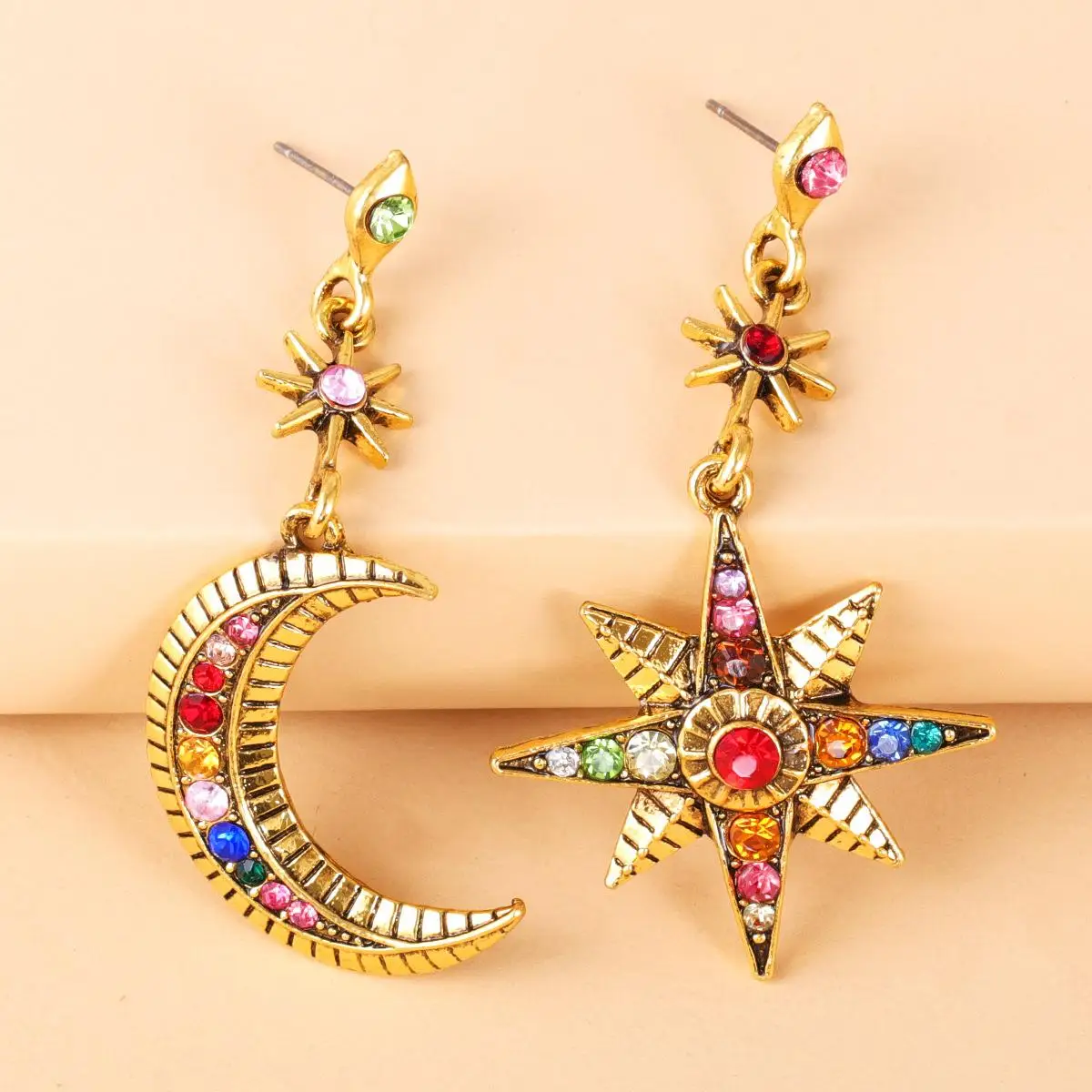 

Color Diamond Pendants Trend Fashion Ear Rings Stars and Moon Crystal Asymmetry Tassel Pendant Earrings Jewelry, As pictures