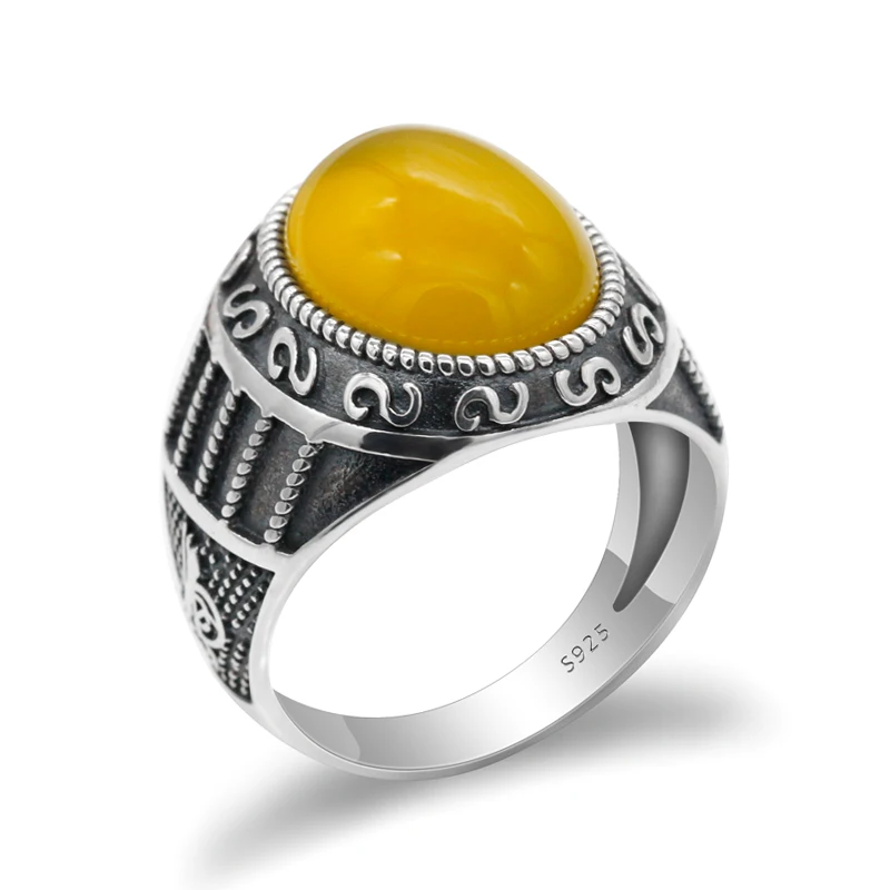 

Turkish S925 Silver Natural Yellow Agate Stone Men Ring,Oxidized Ring for Man Wedding Engagement Jewelry