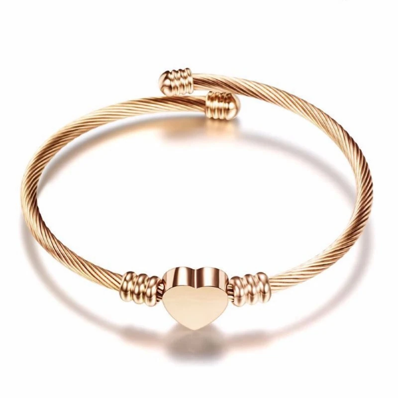 

New Fashion Stainless Steel Silver Rose Gold Twisted Cable Cuff Bracelet Girls Heart Charm Rope Wire Bangle Gold Bracelet