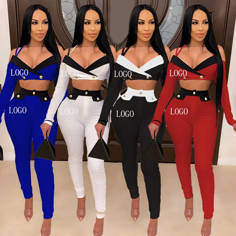 

2021 Custom Logo Fashion tight-fitting color matching short long-sleeved sling umbilical suit two piece sets for women