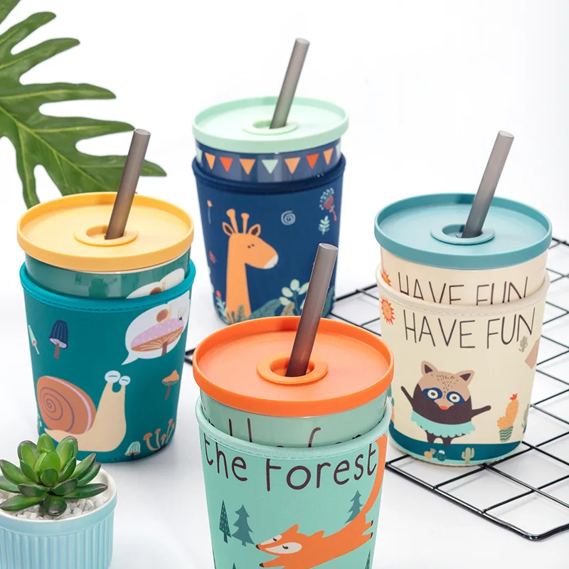 

Wholesale Double Wall Drinking Cups Large Capacity Ceramic Travel Coffee Mug with Straw Lid and Spoon Packaging Boxes for kids, Orange/grey/blue/pink...