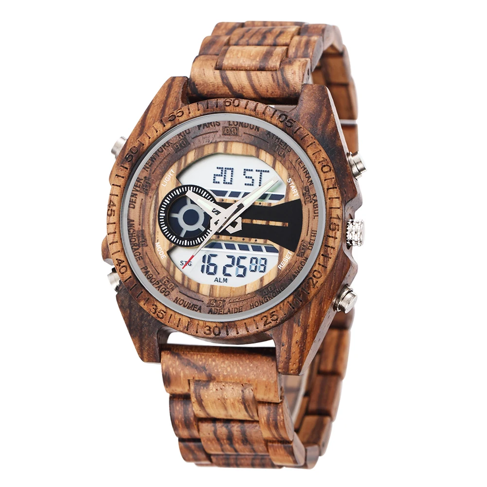 

Men Quartz Watch Custom Logo Luxury Brand Natural Wood Dual-time Watch, 4 colors